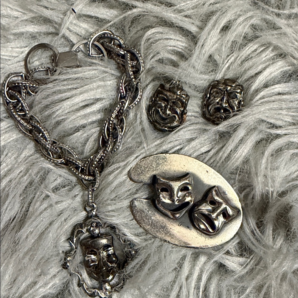 Silver Theater Mask Costume Jewelry Set